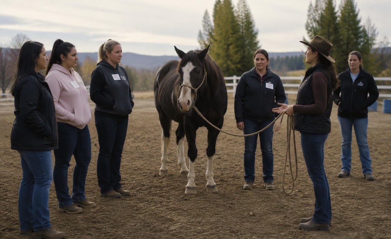A group of people gathered around a horse during a Kinship Equine Therapy session