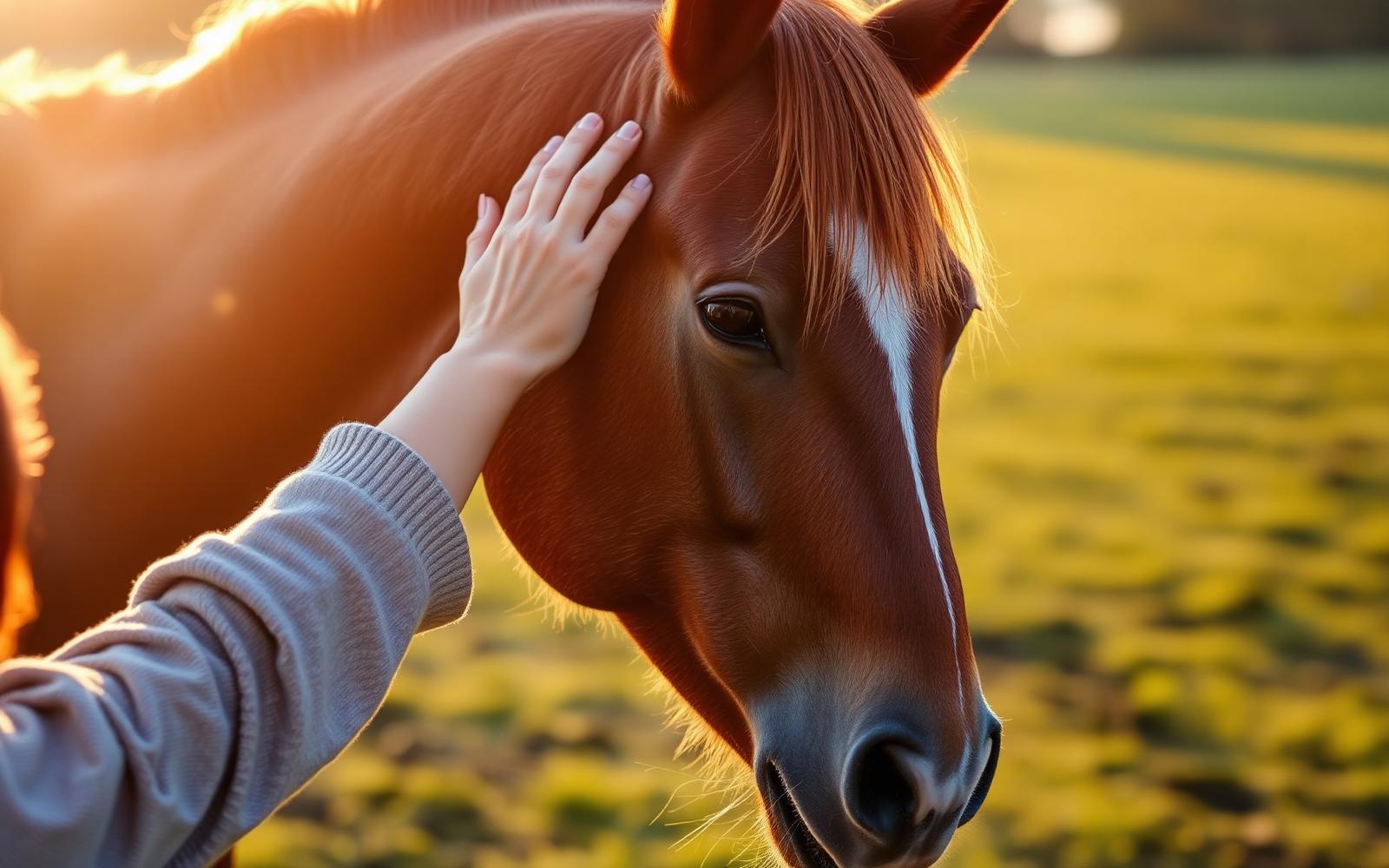 A hand gently resting on a chestnut horse's forehead