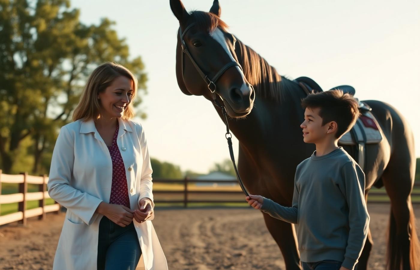 Therapist and young client with a horse